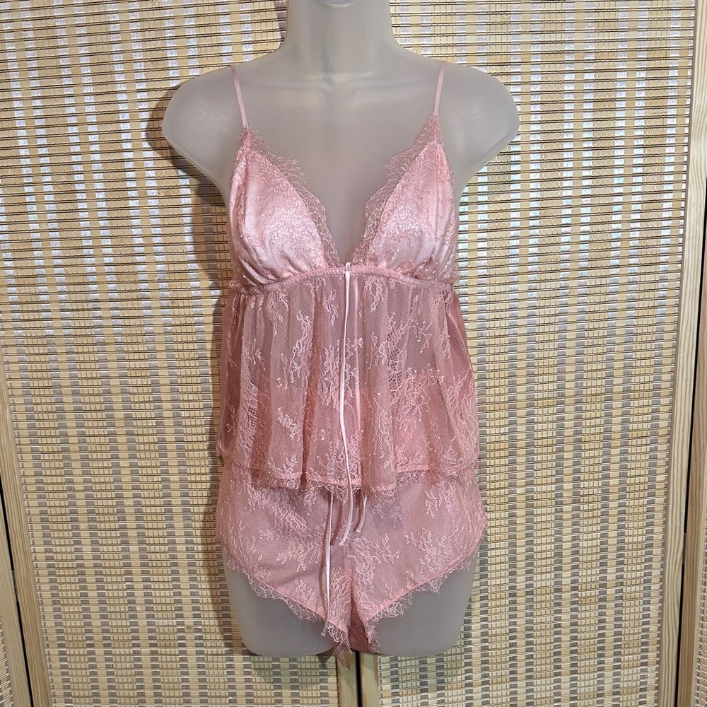 Victoria's Secret Pink Lacy Two Piece CroppedCami Teddy & Sleep Shorts Set Large